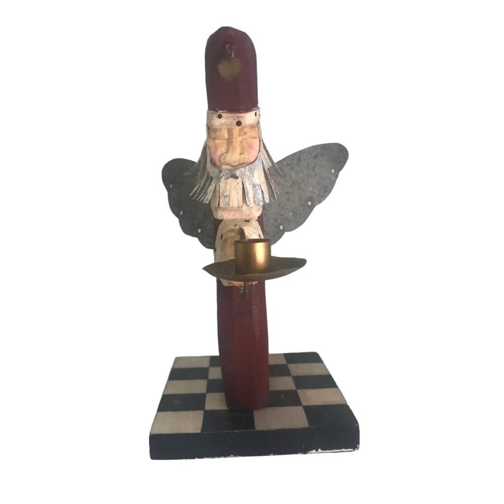 Vintage Midwest of Cannon Falls Winged Carved Santa Candleholder for Mini Tapers - Picture 4 of 7